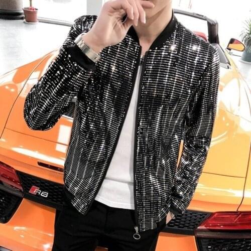 2019 Men Sequins Slim Fit Jacket Fashion Sunscreen Coat Male Night Club Stage Party Clothing Outerwear