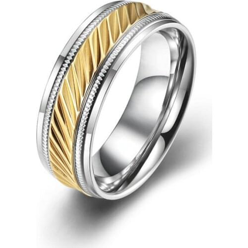 Shine Polished Ring 18K Gold Plated Two Tone Rings Diamond Patterns Gear Fashion Band Ring Stainless Steel Jewelry For Women Men