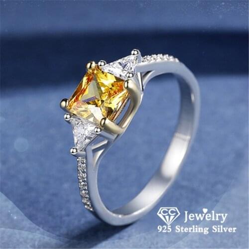 CC S925 Silver Rings For Women Yellow Cubic Zirconia Princess Shine Wedding Engagement Ring Fine Jewelry Drop Shipping CC1672