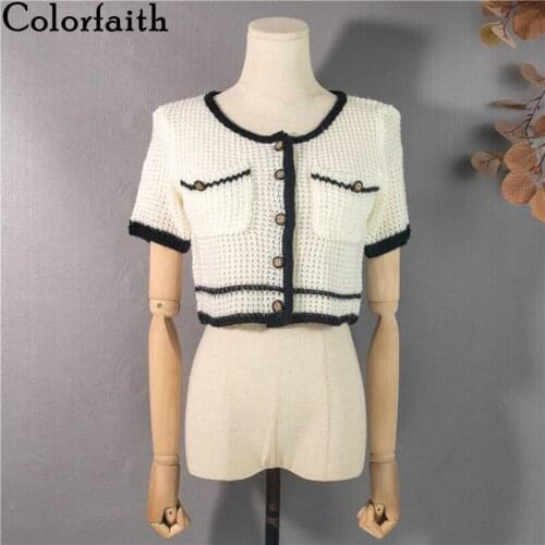 Colorfaith New 2021 Summer Womens Sweaters Short Cardigans Korean Style Cut Out Knitted Pockets Vintage Wild Lady Top SWC1321