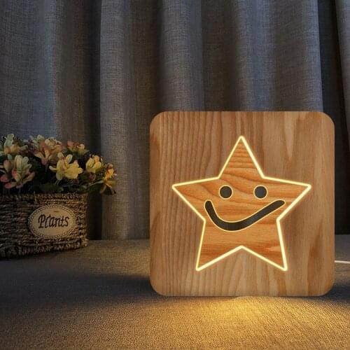 Childrens Gifts Smiley Stars Wooden Crafts 3d Led Nightlight Warm White Light Usb Table Desk Lamp for Home Bedroom Decoration
