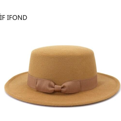Winter Autumn Women Men Top Flat Hat Solid Color Wide Brim Felt Fedora Hats With Ribbon Decorated Ladies Dress Formal Cap