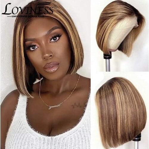 Loviness Highlight Short bob Balayage Remy Virgin Hair T Part Blonde Honey Brown Ombre 13*4 Lace Front Human Hair Wig For Women