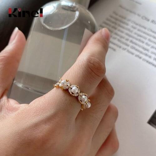 Kinel 925 Sterling Silver Pearl Flower Finger Rings for Women Engagement Wedding Plated 18K Real Gold Jewelry