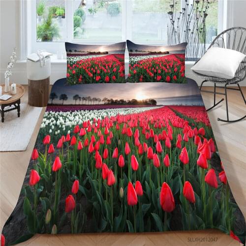 Beautiful Bedding Set Tulip Field Landscape Duvet Cover For Girls Single Double Twin Full King Queen 3D Bed Set Flowers