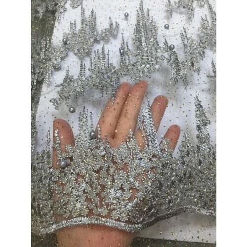 High Quality Nigerian Lace Fabrics 2018 With Beaded African French Net Lace Fabric Embroidered Tulle Mesh Lace Fabric D1750