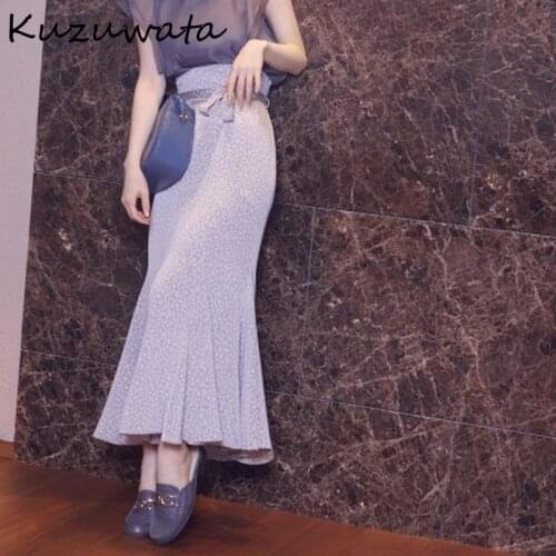 Kuzuwata 2021 Autumn Women Skirts Temperament Vintage Faldas A Line Print Ruffle High Waist Sashes Mid Length Mermaid Jupes