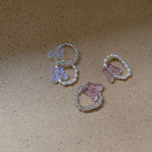 New Korean Style Elastic Pearl Chain Finger Rings for Women Girl Butterfly Acrylic Beads Statement Midi Ring Birthday Gift