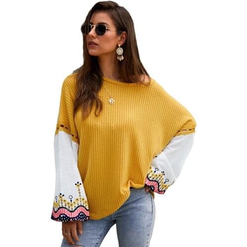 Autumn Knitted Women Casual Sweater O-Neck Long Sleeve Patchwork Embroidery Printing Loose Regular Sweater Tops For Street Lady