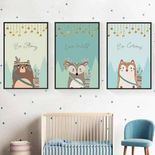 Tribal Animals Nordic Cartoon Animal Fox Owl Bear Decorative Painting Art Home Childrens Room Wall Paintings Kids Room Decor
