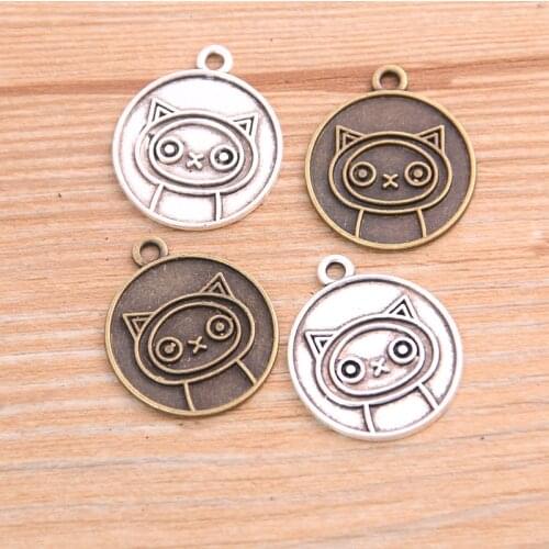 PULCHRITUDE 15pcs 22*26mm 2020 New Product Two Color Round Cute Cat Charms Animal Pendant Jewelry Metal Alloy Jewelry Marking