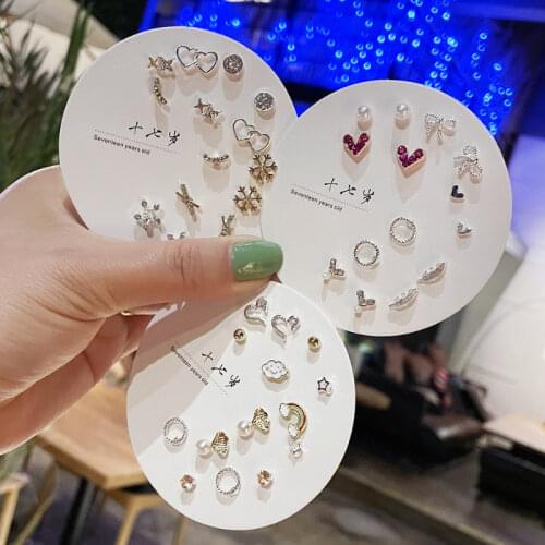 S925 Silver Needle Earrings Female Exquisite Small One Week Earring Set Combination New Moon Small Daisy Simple Shape Earrings