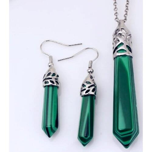 FYJS Unique Jewelry Sets Silver Plated Hexagon Prism Malachite Stone Necklace Dangle Earrings