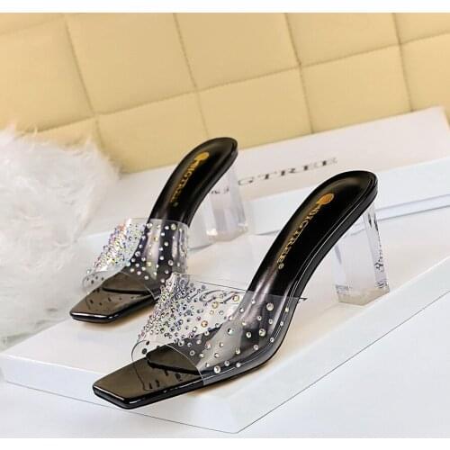 BIGTREE Summer Sexy Rhinestone Slipper Woman PVC Transparent Perspex Crystal High Heels Peep Toe Mules Ladies Slides Shoes