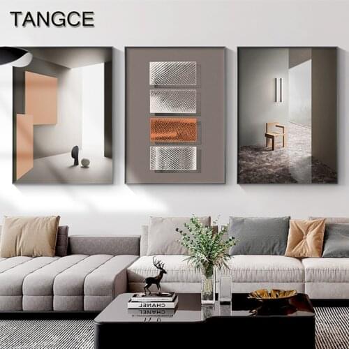 Nordic Black White Geometric Space Canvas Painting Abstract Fashion Gray Posters Prints Orange Wall Art Picture for Living Room