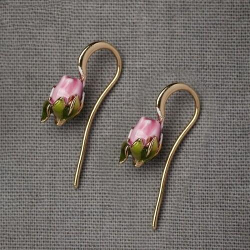 Vintage Pink Flower Tulip Earrings Retro Gold Color Alloy Enamel Hanging Dangle Earrings for Women Party Statement Jewelry Gifts