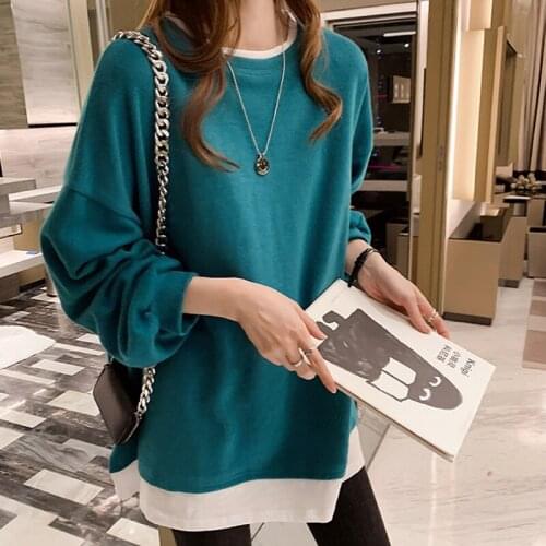 2021 Korean Style Women Loose Solid Green Patchwork Tshirt O-neck Batwing Sleeve Casual Tops Women Clothes