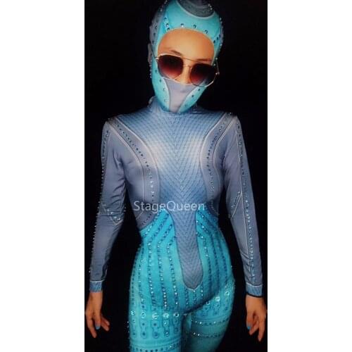Women Sexy Sparkly Blue Crystals Stretch Jumpsuit Dance Party Show Bodysuit One Piece Rhinestones Outfit Nightclub DJ Jumpsuit