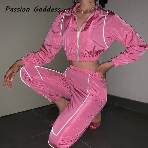 Women 2 Piece Tracksuits Sets Reflective Strip Zipper Jackets Sweatpants Outfits Pink Long Sleeve Outcoats Pants Jogger Suits