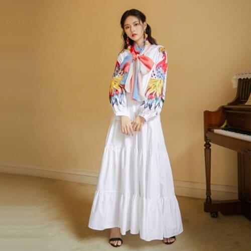 Runway Design Elegant Peacock Embroidery Dress Women Long Lantern Sleeve High Waist Lace Up Cotton Maxi Dresses With Scarf