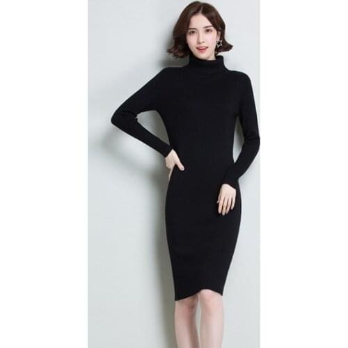 Long Sleeve Turtleneck Knitted Dress Women Casual Spring Winter Warm Dresses