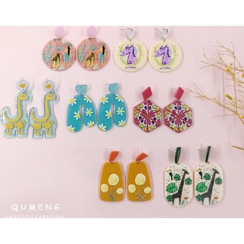 2020 Fashion Trend Korean Colorful Printing Acrylic Geometric Cartoon Leopard Unicorn Giraffe Flower Pattern Pendant Earrings
