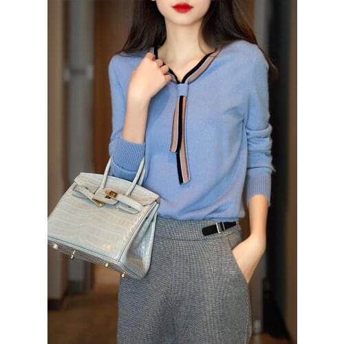 2021 Spring New Fashion V-neck Ribbon Long Sleeve Knitted Sweater For Women