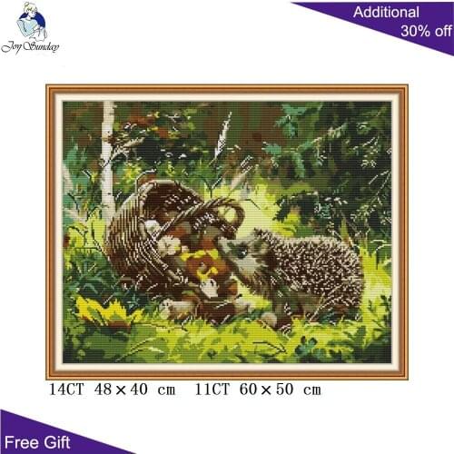 Joy Sunday Little Hedgehog DA470 14CT 11CT Counted and Stamped Hedgehog Mushroom In The Forest Home Decor Cross Stitch kits