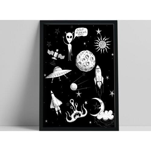Black White Cartoon Prints, Sun Moon Rocket Ufo Universe & Space Poster, Hello We Came Wifh Peace Wall Picture, Kids Room Decor