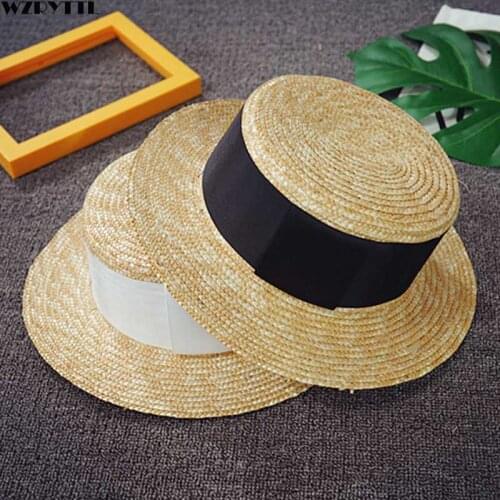 Classical Summer Derby Straw Hat for Girl Boy Sun Hats 5cm Wide Brim Children Beach Hat Flat Boater Hat Size 48-53cm
