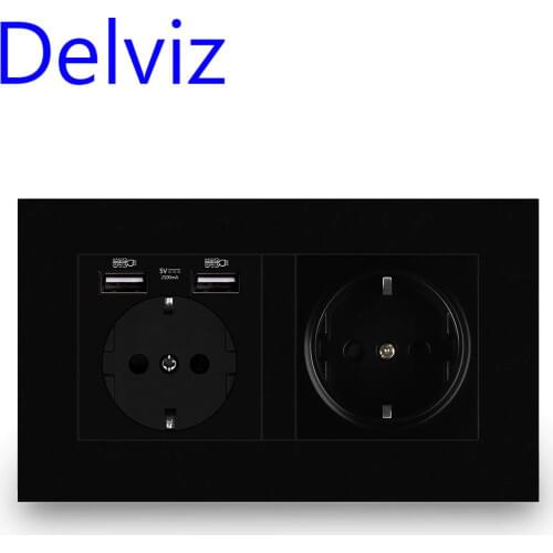 Delviz Wall USB Power Outlet, Black panel charging interface, AC 110~250V 146mm * 86mm, 16A Double frame EU Standard USB socket