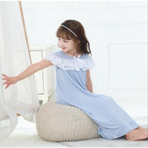 Girls Nightdress Summer New Baby Girl Lace Cotton Maxi Long Pajamas Dresses Girl Pure Color Sleep Clothing Dress 3-12Year