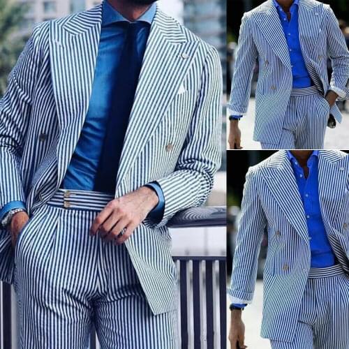 Latest Coat Pant 2021 Blue Striped Summer Mens Suits Peak Lapel Business Party Formal Slim Fit Custom Made Wedding Suit For men