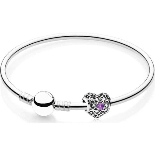 NEW 100% 925 Sterling Silver February Heart Birthstone Bangle Gift Set Fit DIY Original charm Bracelets jewelry A Set