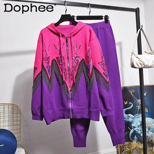 2021 Autumn Winter Sequins Contrast Color Tassel Zip Sweater Coats Trousers Set Womens Trendy Two-Piece Tracksuit Knit Outfits