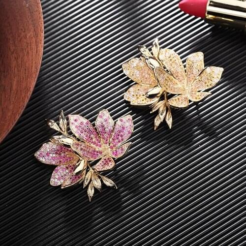 Luxury Red Yellow Zircon Flower Brooches Pins Vintage Wedding Bouquet Broach Women Gift Brooch Collar Pin Bridal Jewelry Corsage