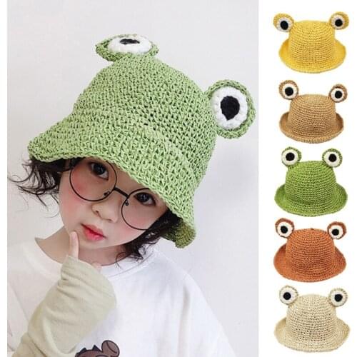 Toddler Kids Straw Hand-Woven Summer Sun Hat Cute Cartoon Frog Eyes Wide Brim Sunscreen Foldable Beach Panama Fisherman Cap C6UD
