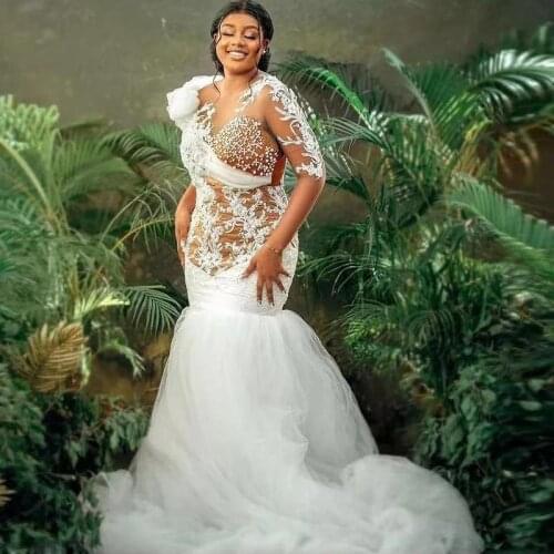Nude Lining African Mermaid Wedding Dresses Illusion Long Sleeves Majjor Pearls Sequins Bridal Gowns Plus Size vestido de noiva