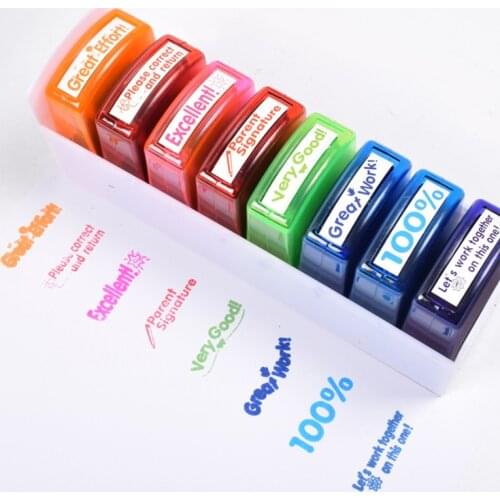 Funny 8pcs Teacher Stamp Set For School Homework Grading Square Multicolor Kids Reward Stamps Toy English Encourage Comment Seal