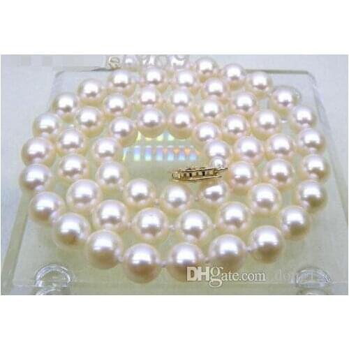 BEAUTIFUL AAA+ 6.5-7mm round white akoya pearls necklace yellow solid gold>>> free shipping