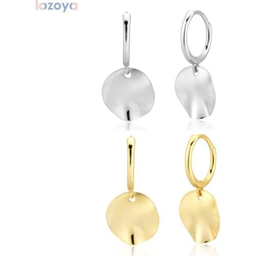 LOZOYA 925 Sterling Silver Fashion Fine Jewelry Gold Irregular 11mm Pendiente Luxury For Women Rock Punk Jewels Drop Earring