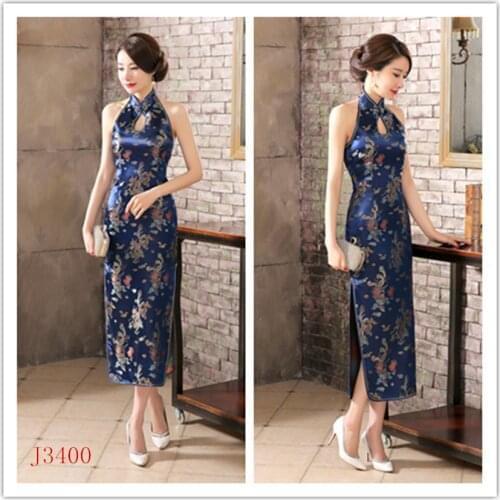 Shanghai Story Womens Satin Halter Cheongsam Sexy Long Qipao Backless Costume Dress Size S---XXXL Chinese Traditional Dress