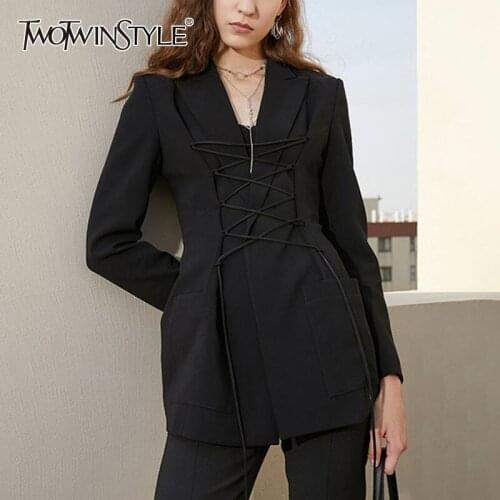 TWOTWINSTYLE Patchwork Strap Womens Coat Lapel Collar Long Sleeve Black Color High Waist Slimming For Female Coats Fashion 2021