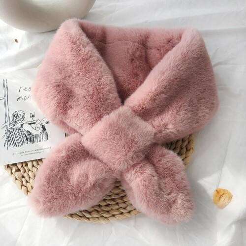 Winter Women Solid Color Thick Warm Faux Rabbit Fur Collar Cross Neck Scarf Wrap