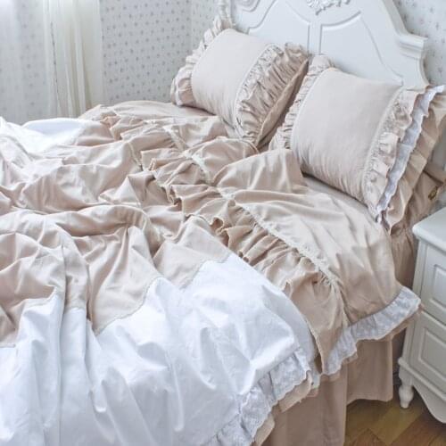 100%cotton twill princess Korean ruffles khaki spell white bed skirt lace bedding set twin full queen king size free shipping