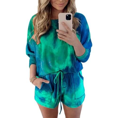 Tie-Dyed 2PCS Suits Women Long Sleeve Round Neck Tie Dying Top T-Shirt + Lace Up Elastic Waist Shorts Clothes Set