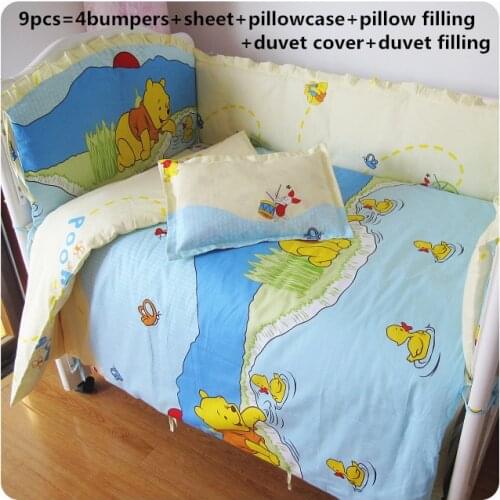 9PCS Whole Set New Baby Cot Bedding Set Baby Bumpers Crib Cradle kit de berço Baby bumprt/sheet/duvet/pillow, 120*60/120*70cm
