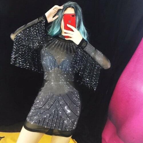 Shining Rhinestone Tassel Dance Costume Long Sleeve Packed Hip Skirt Women Black Fringed Tassel Short Dress Stage Wear XS2242