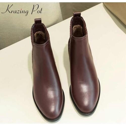 Krazing pot genuine leather slip on Chelsea boots classic daily wear round toe med heels winter keep warm women ankle boots L01