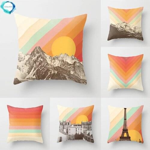 Rainbow Stripes Decorative Polyester Cushion Cover Scenery Print Pillowcase Sofa Covers Home Living Room Chair Decor 45x45cm